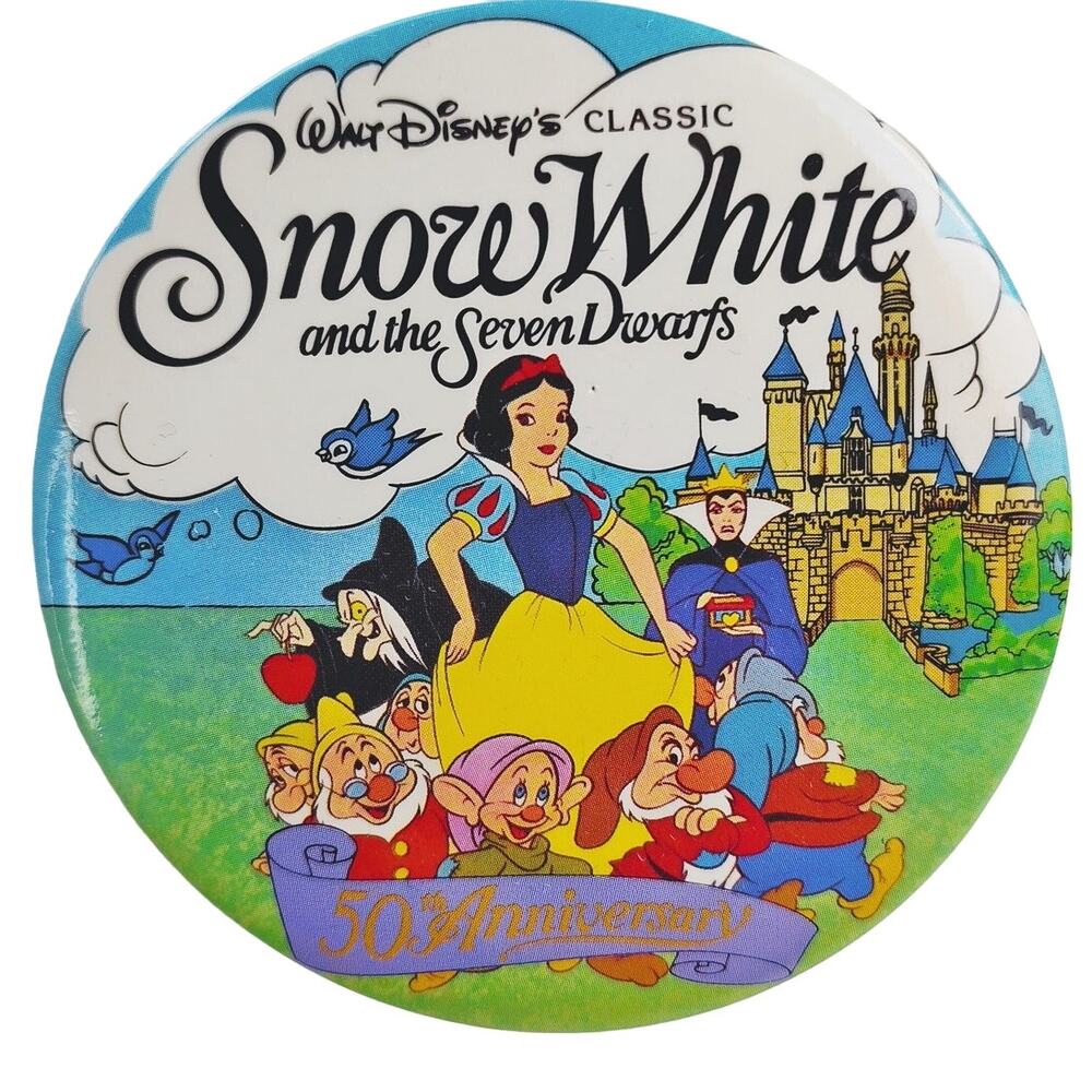 Snow White & Seven Dwarfs 50th Anniversary Button - VTG 1986